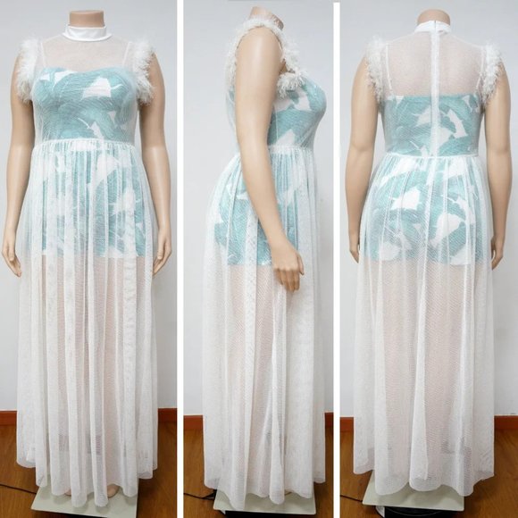 Sexy See-Through Mesh Dress Spaghetti Strap Leaf Print Romper Set - Picture 5 of 15